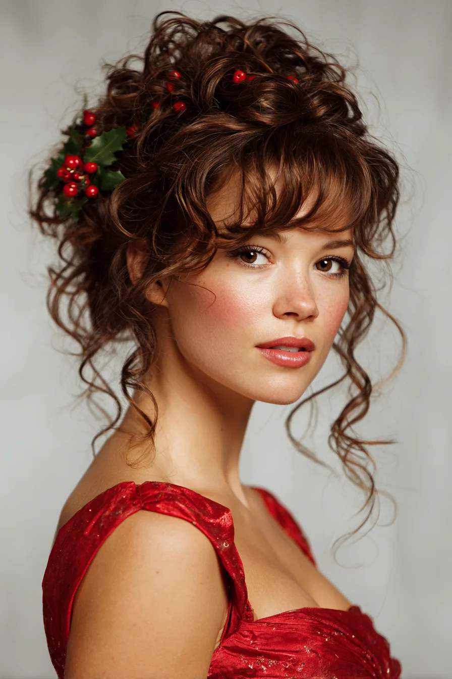Curly Romantic Updo with Face‑Framing Tendrils and Soft Fringe