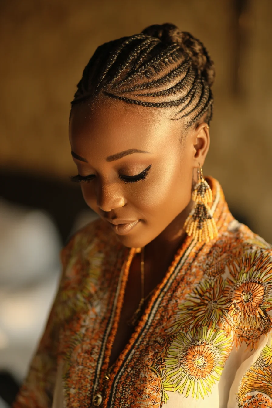 Curved Cornrow Updo with Low Braided Bun