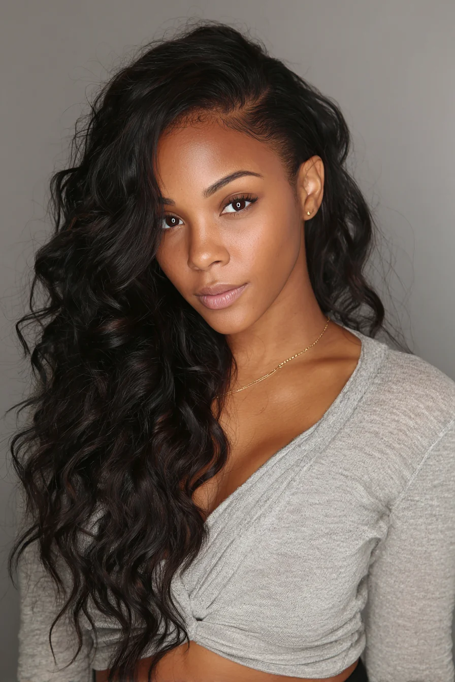 Deep Side-Part Long Wavy Layers with Face‑Framing Curls