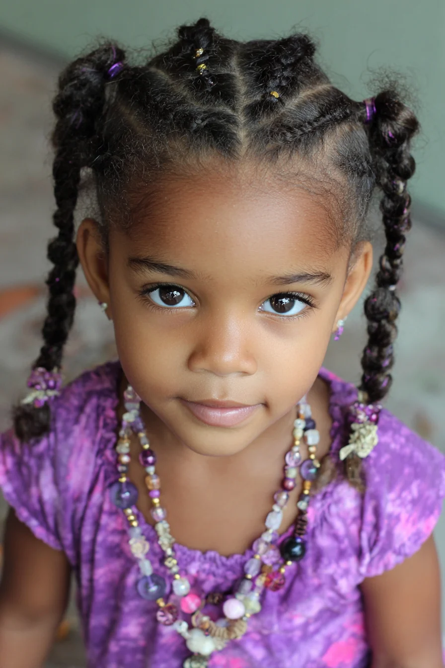 Defined Cornrow Partings into Beaded Pigtail Braids — Kids Protective Style