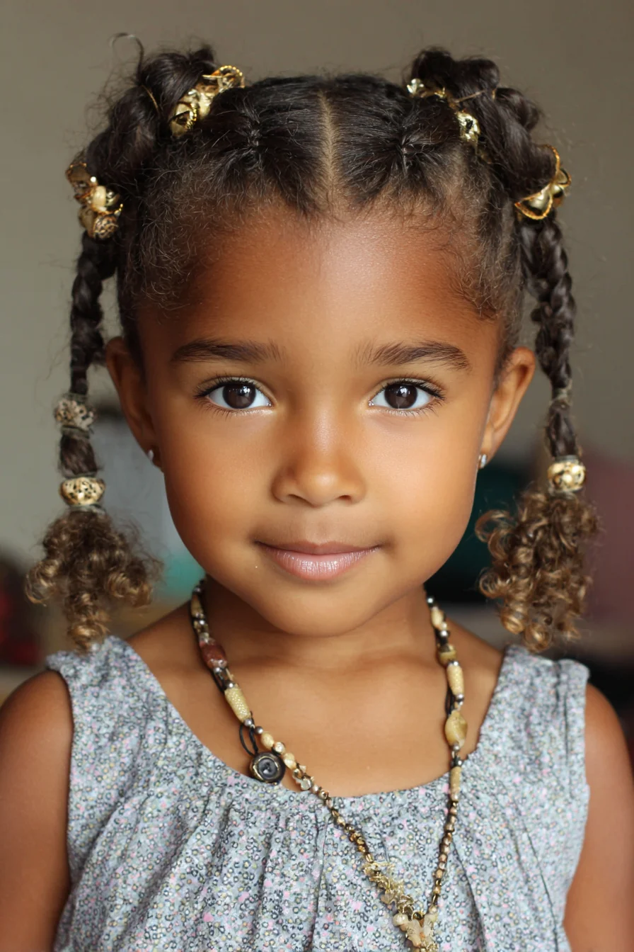 Double Braided Cornrows into Mini Buns with Curly Ends (Kids Protective Style)