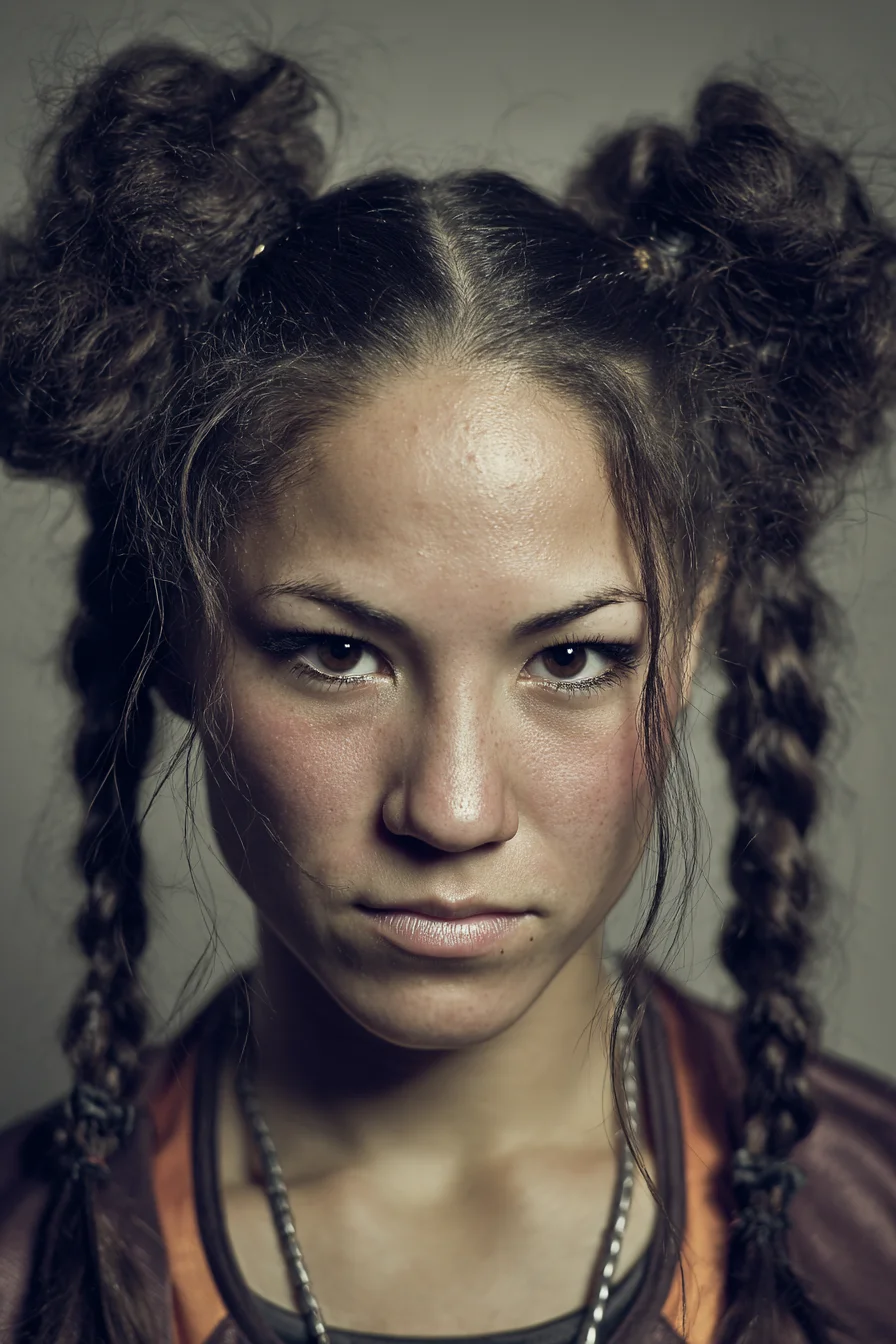 Double Braided Pigtails with Messy Space Buns — Textured Sporty Style