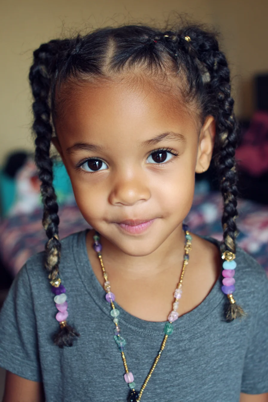 Double Cornrow Pigtails with Beaded Ends — Protective Style for Kids