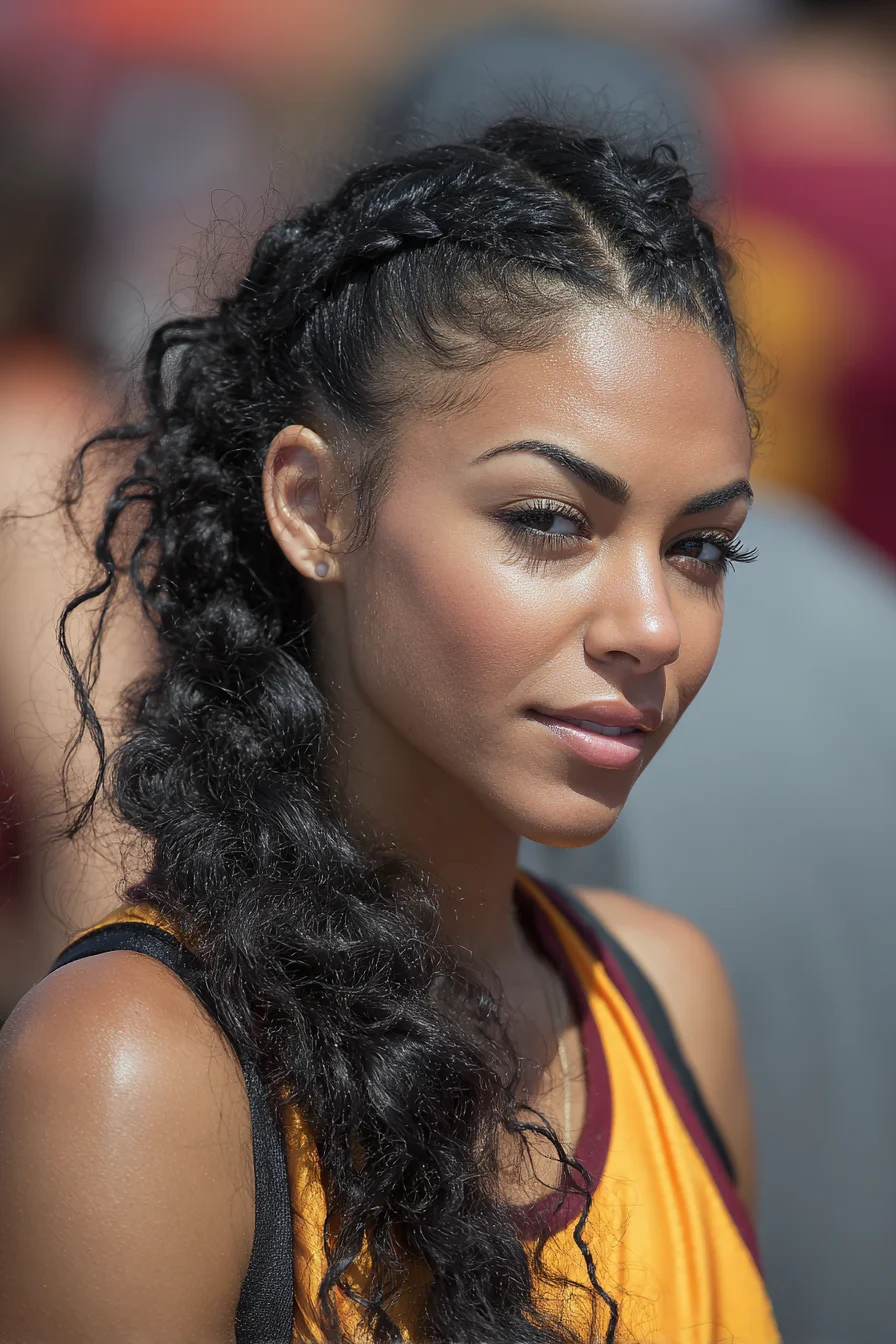 Double Cornrows into Textured Curly Ponytail with Styled Baby Hairs