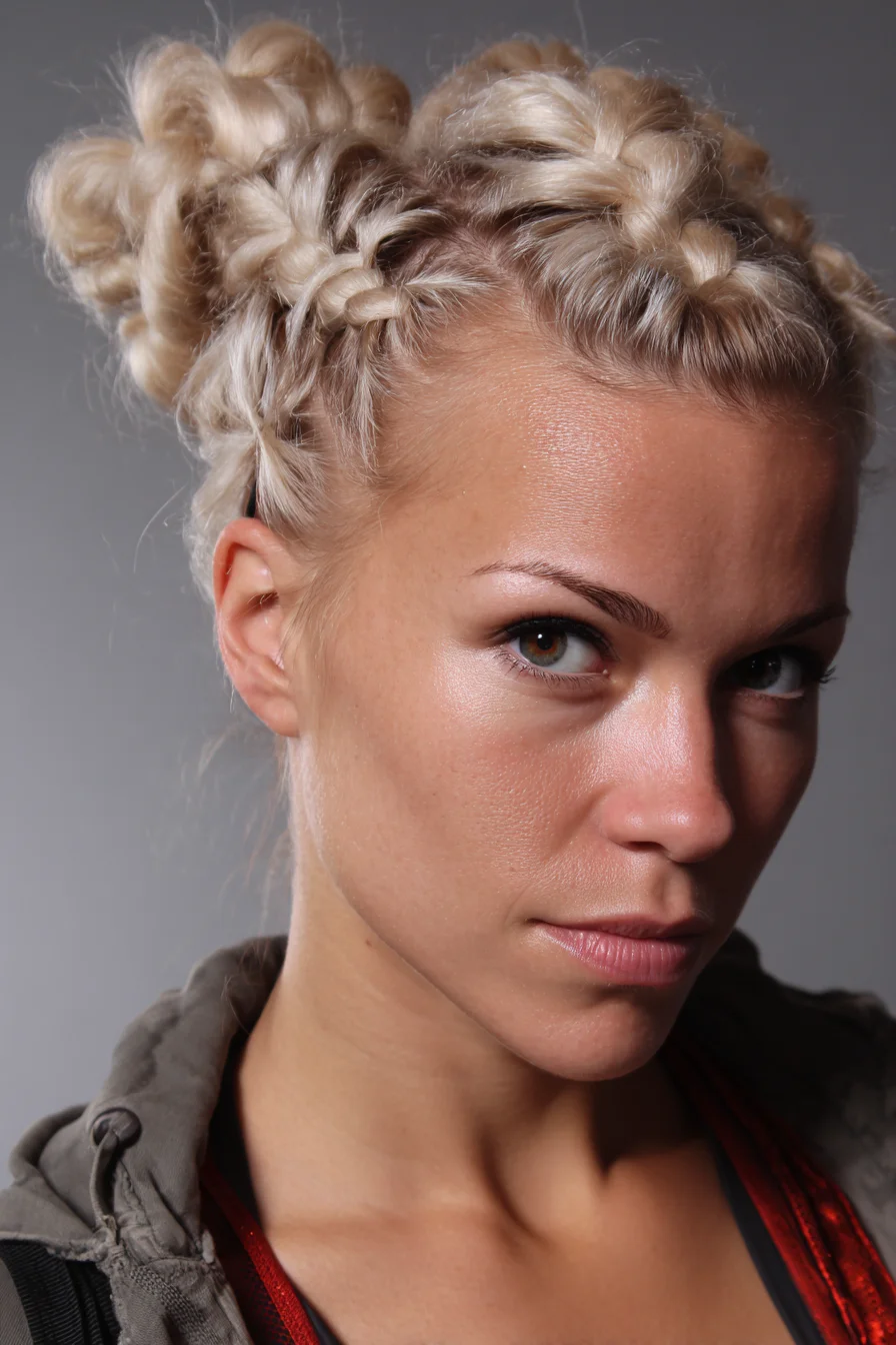 Double Dutch Braids into Braided Buns — Textured Blonde Updo