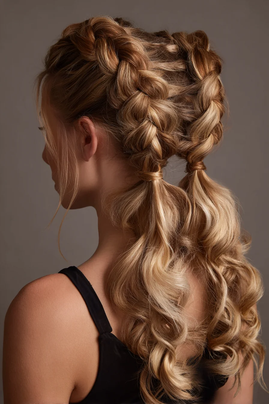 Double Dutch Braids into Loose Curled Ponytails