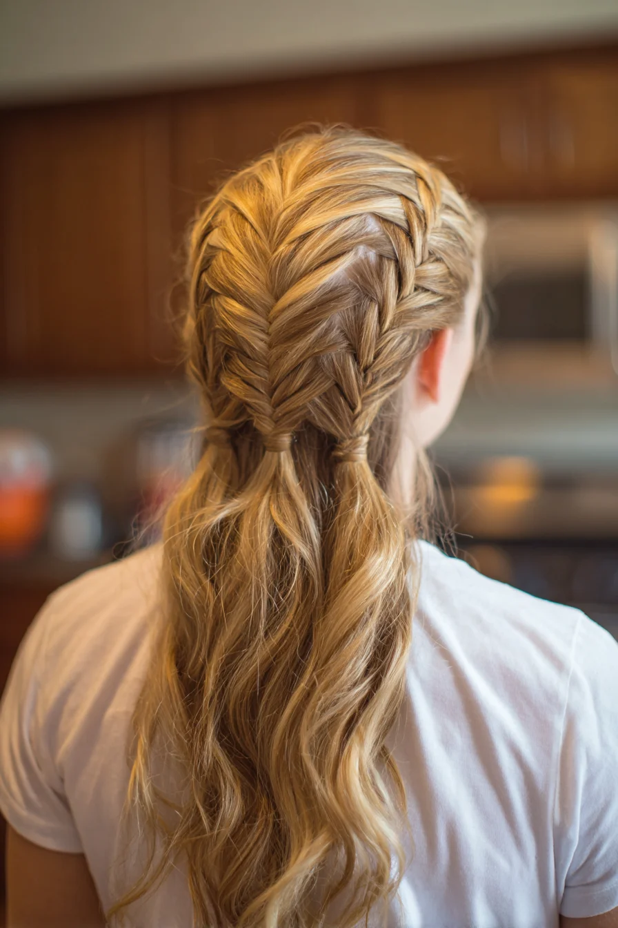 Double Dutch Braids into Loose Wavy Ponytails
