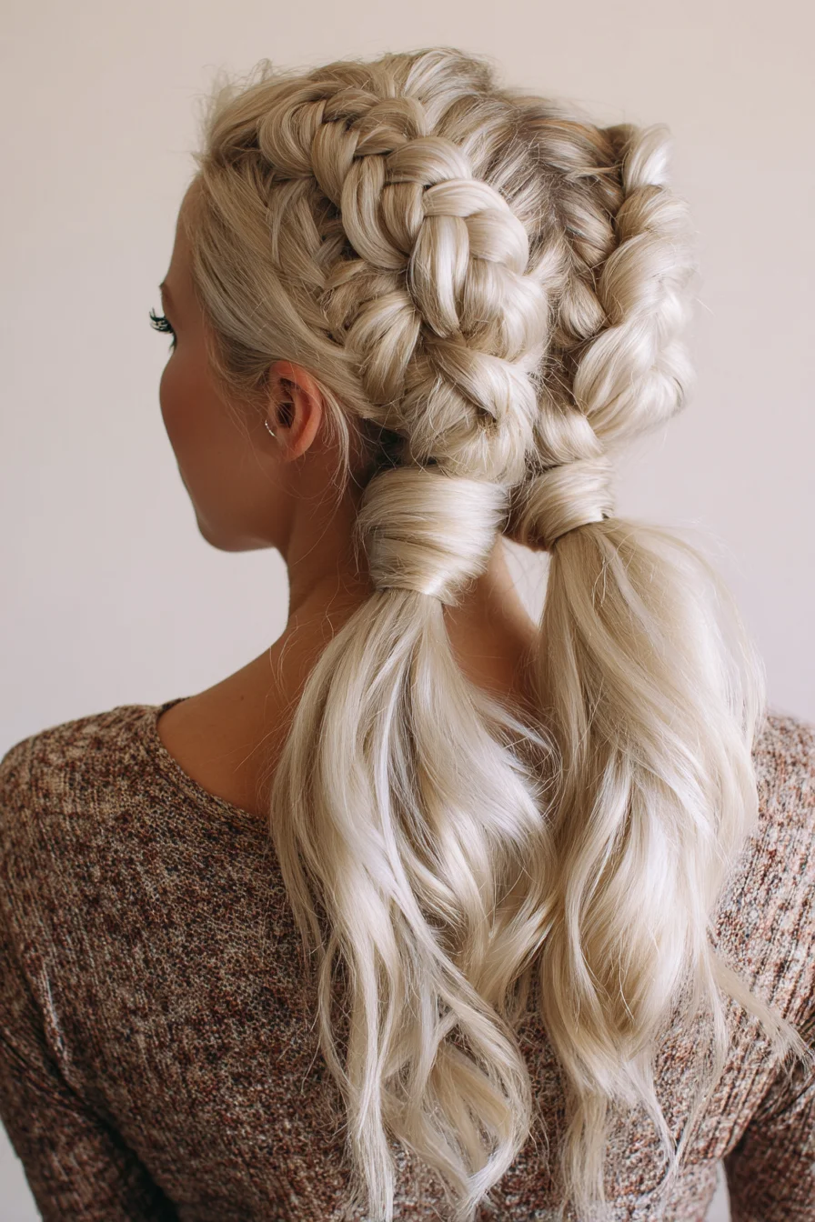 Double Dutch Braids into Wrapped Low Ponytails (Textured Finish)
