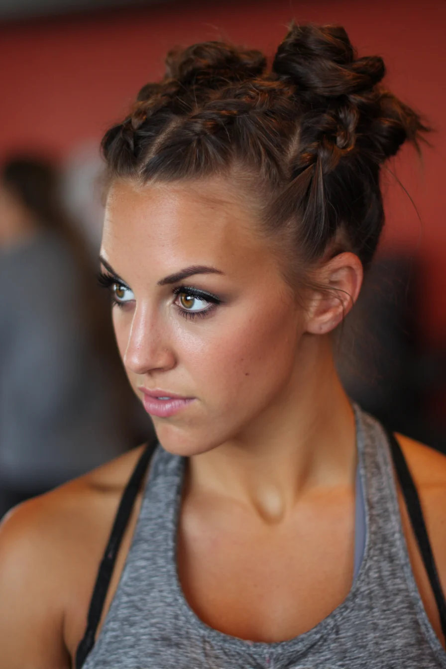 Double Dutch Braids Twisted into Top Buns — Sporty Textured Braided Updo