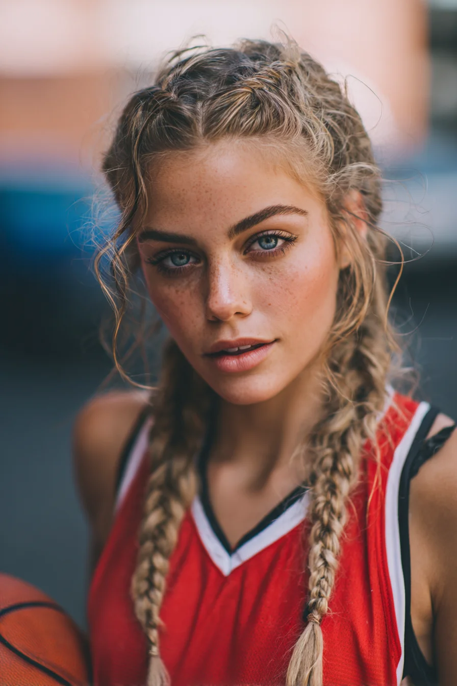 Double Dutch Braids with Loose Face‑Framing Tendrils — Sporty Textured Braids