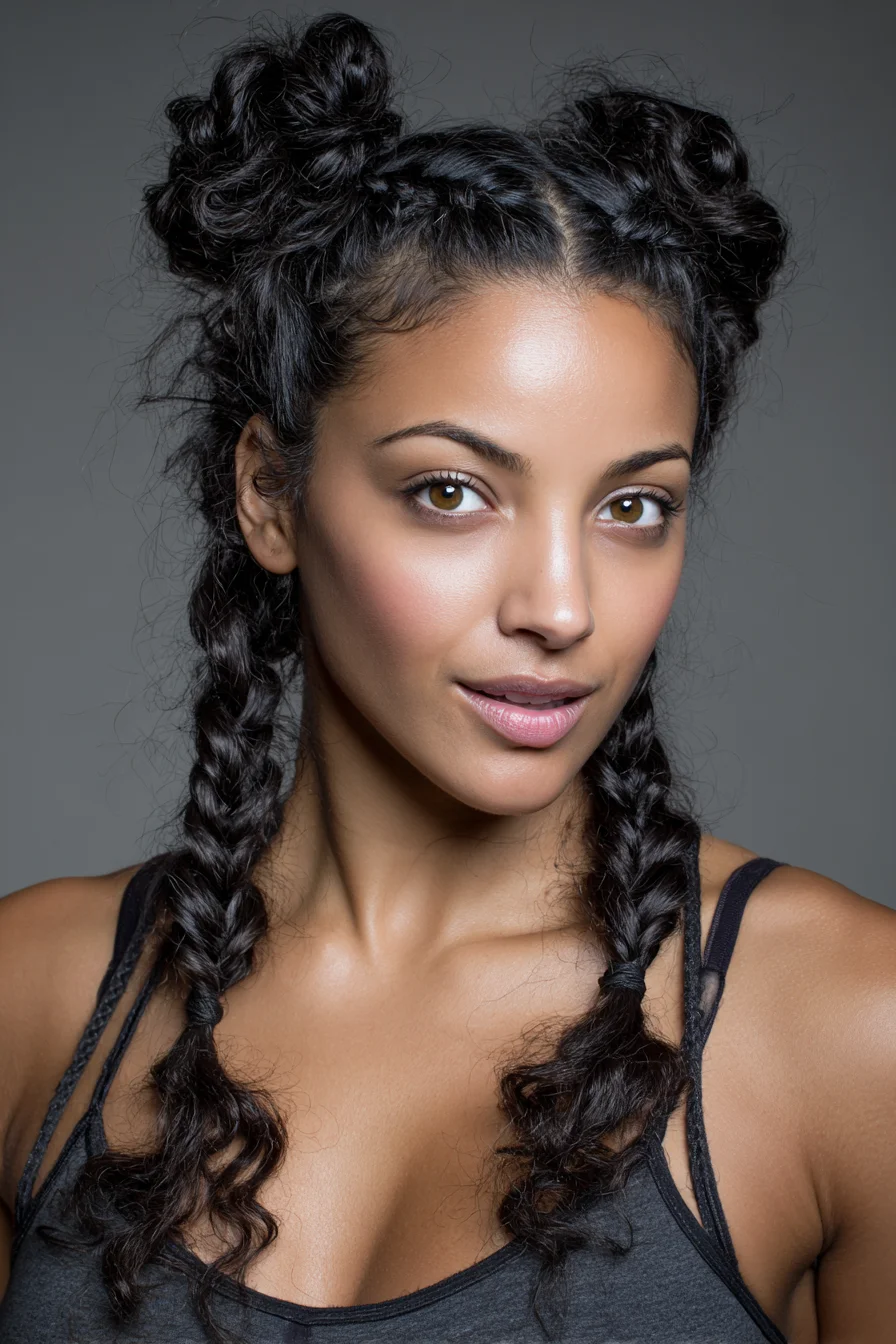 Double Dutch Braids with Messy Space Buns — Textured Braids Look