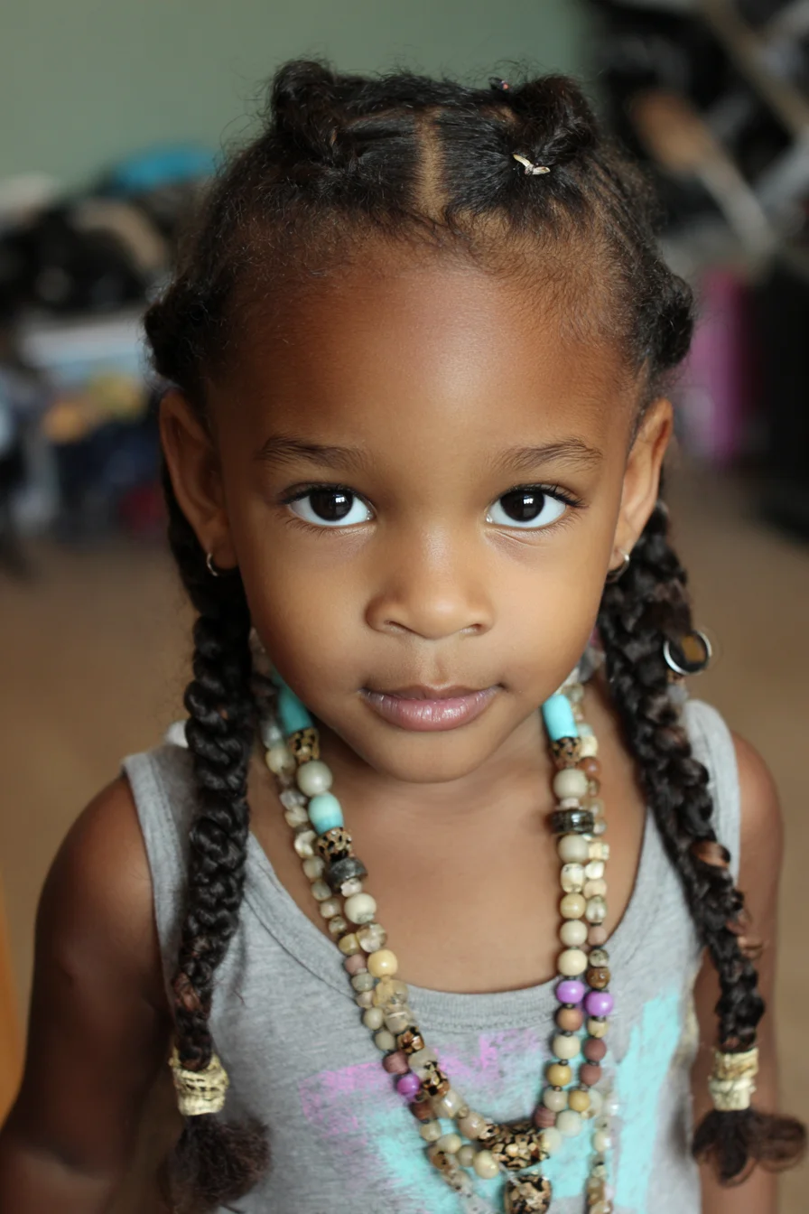 Double Dutch Cornrows into Two Long Braids with Beads and Cuffs