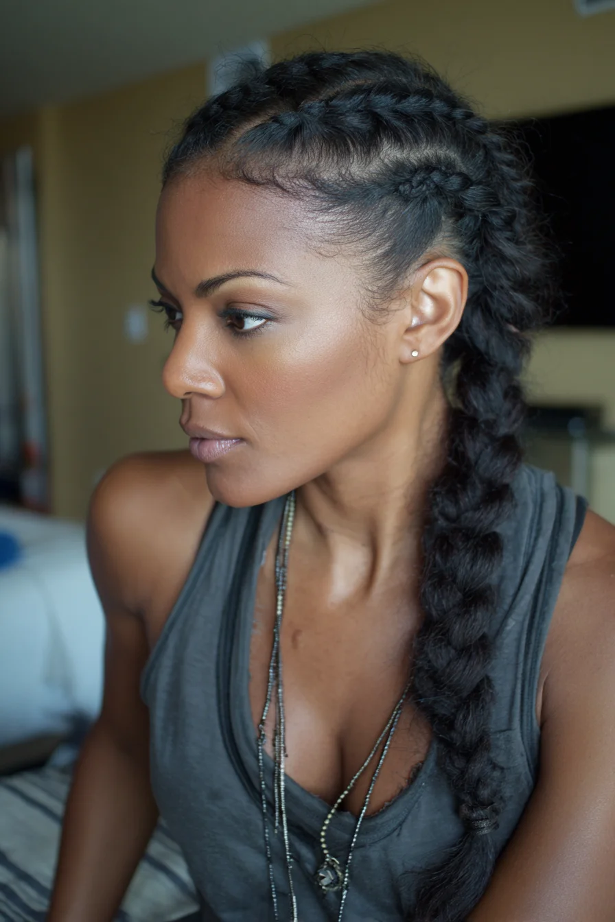 Double Dutch Cornrows Merged into a Single Thick Side Braid