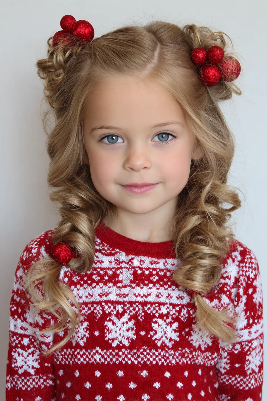 Double Mini Buns with Spiral Side Curls and Festive Hair Ornaments