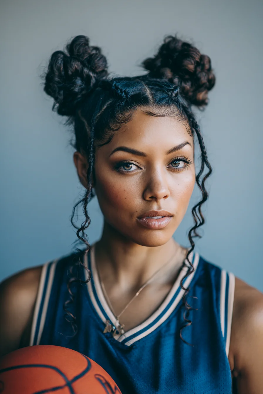 Double Space Buns with Cornrows and Defined Face‑Framing Curls