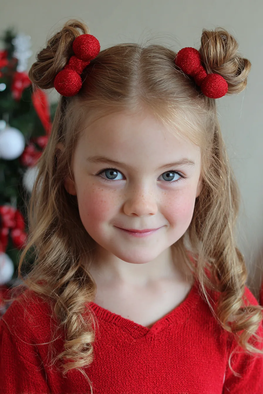 Double Space Buns with Curled Face‑Framing Ringlets — Kids Holiday Look