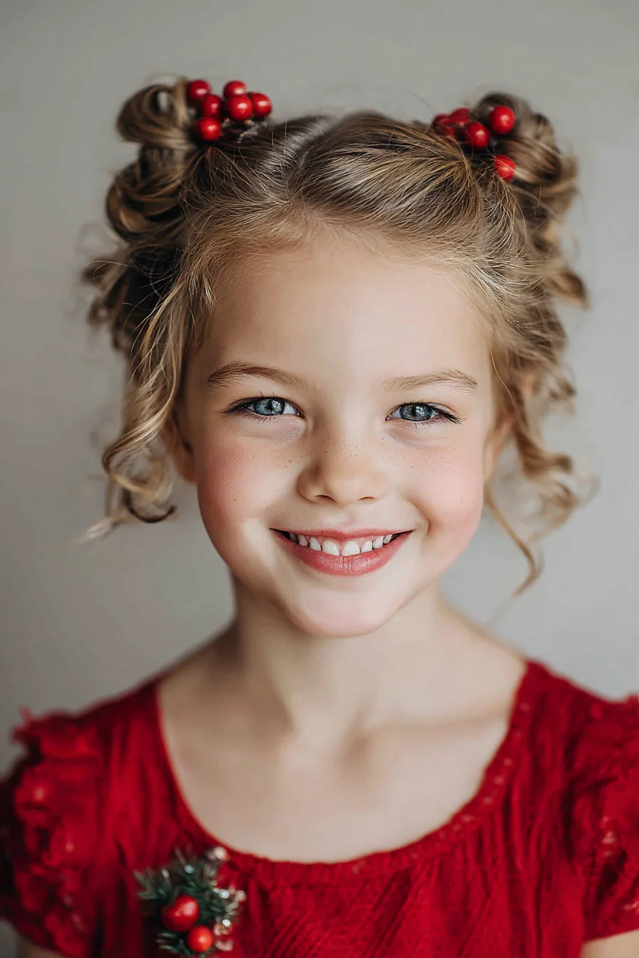 Double Top Knots with Face‑Framing Curls — Kids Playful Holiday Hairstyle