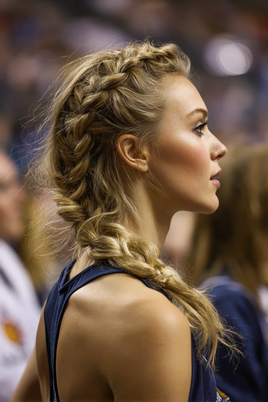 Dutch Double Braids Fused into a Loose Textured Side Braid — Medium to Long Hair