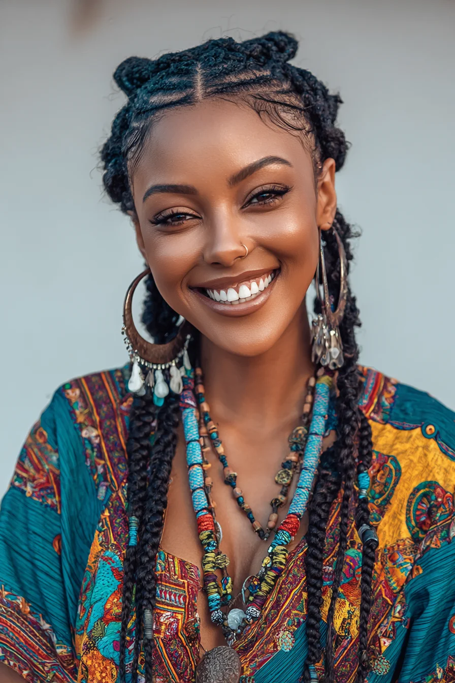 Feed‑in Cornrows into Long Boho Braids with Top Knots