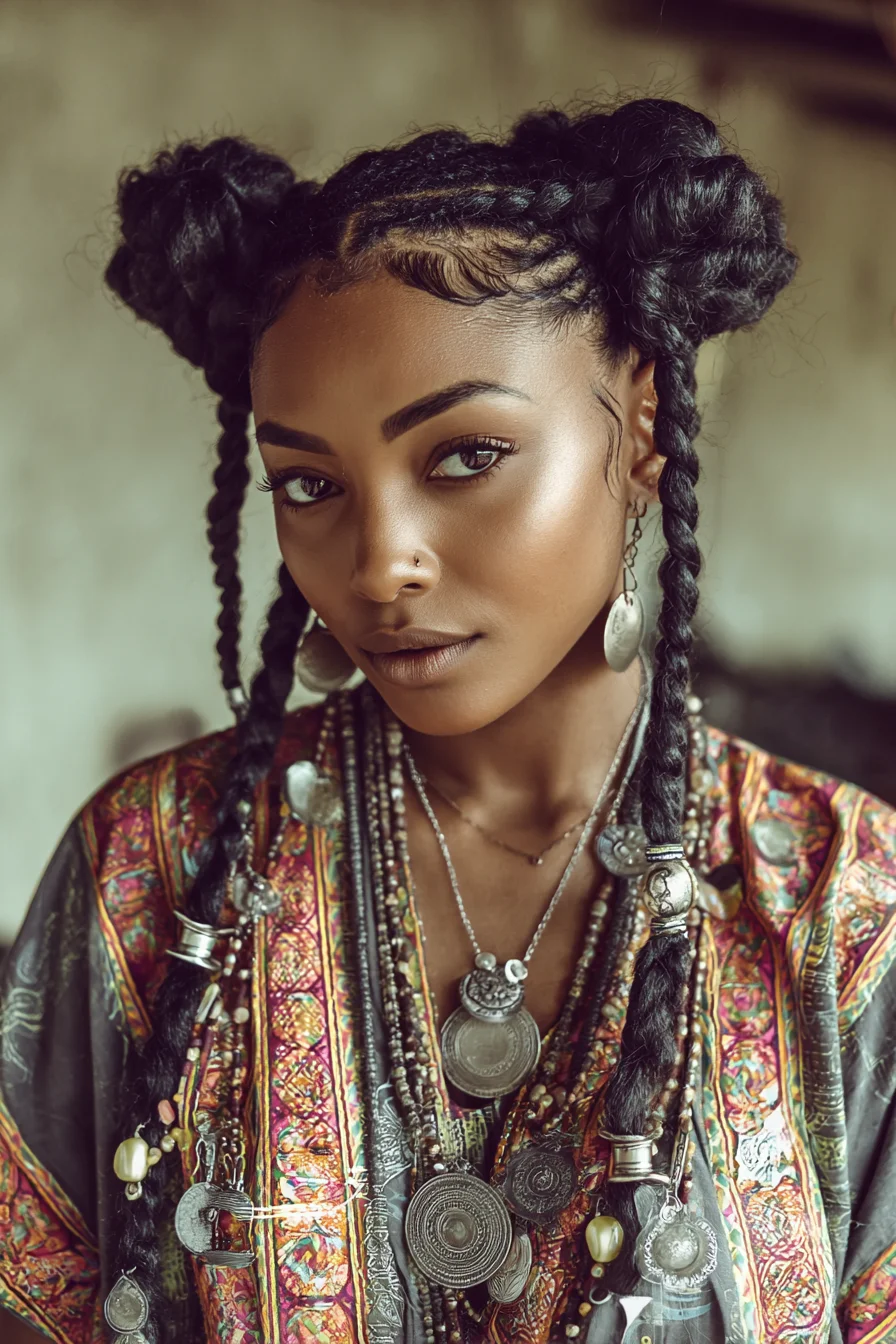 Feed‑In Cornrows to Two Side Buns with Long Beaded Braids