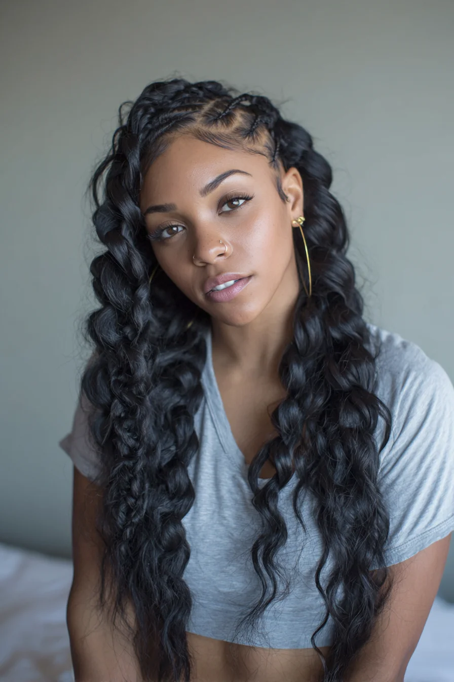 Feed-In Cornrows with Jumbo Rope Twists and Loose Wavy Texture