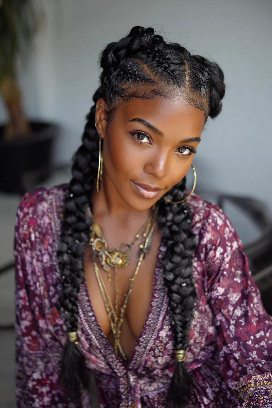 Feed-In Cornrows with Long Box Braids and Sleek Baby Hairs