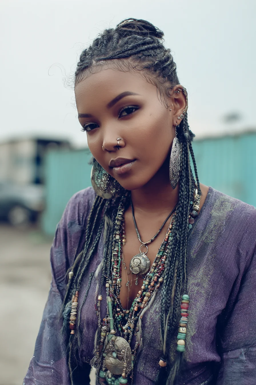 Feed‑In Cornrows with Long Micro Braids and Bead Accents