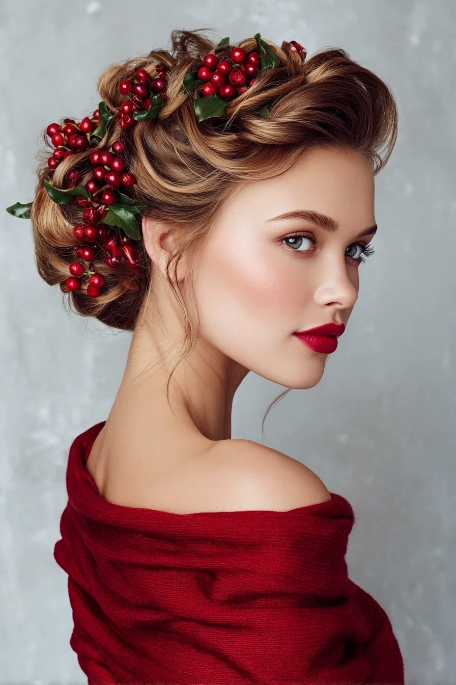 Festive Braided-Twist Updo with Berry Accent — Holiday Bridal/Occasion Hairstyle
