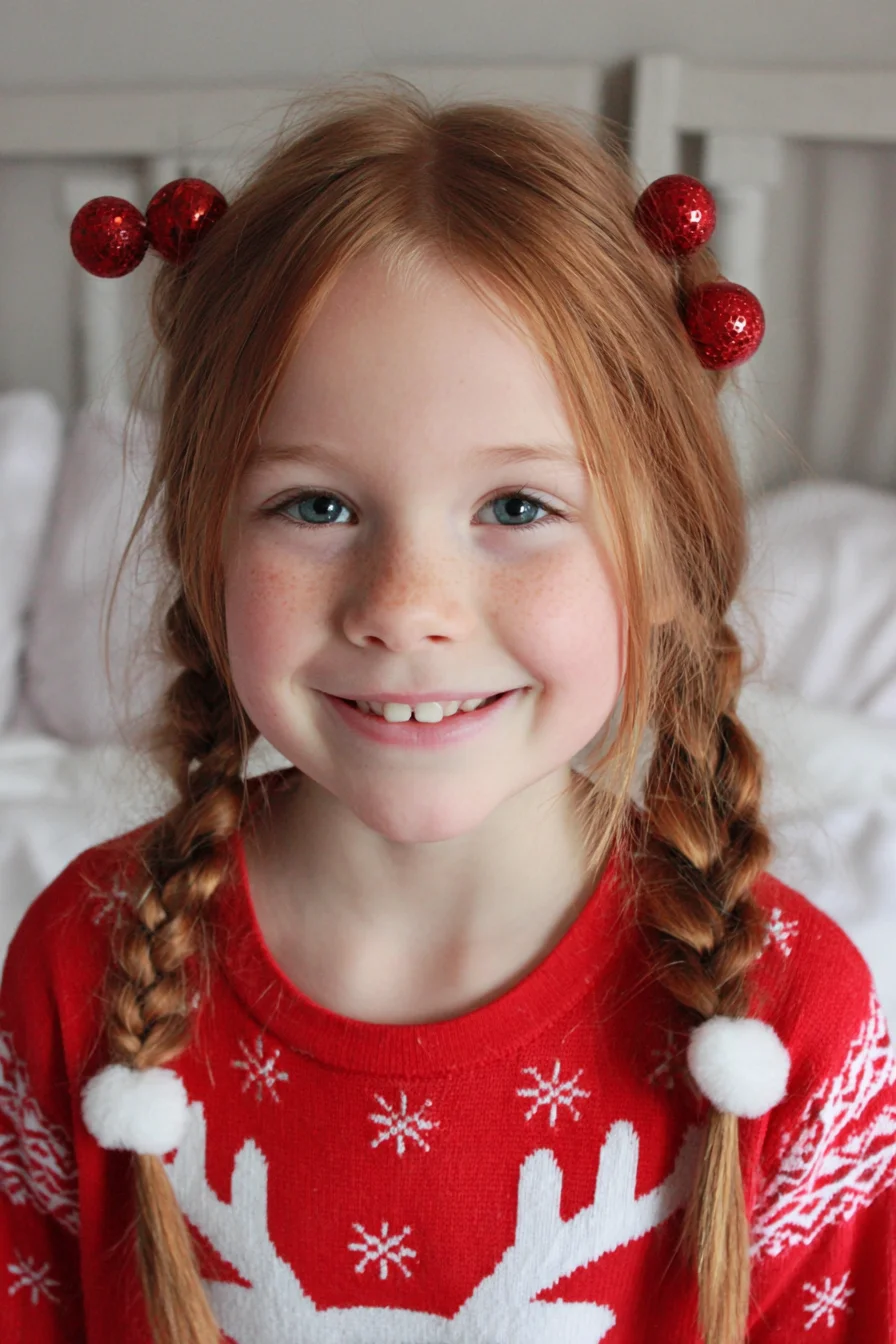 Festive Center-Part Double Braids with Pom-Pom Ends and Decorative Clips