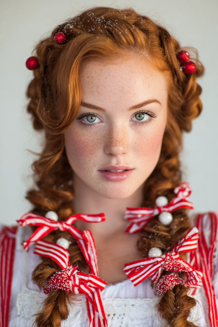 Festive Double Braids with Ribbon Accents for Long, Textured Hair