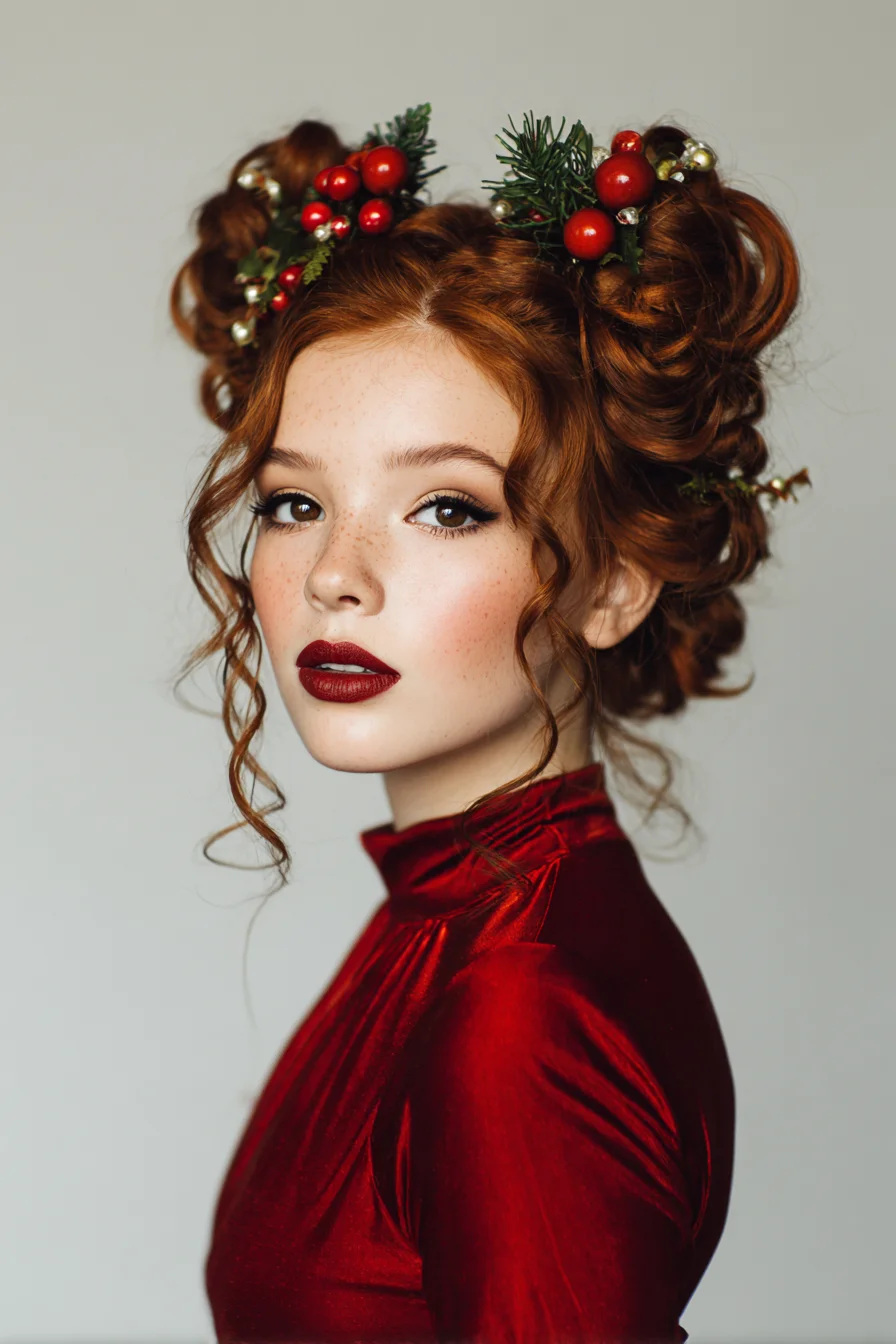 Festive Double Messy Buns with Loose Face‑Framing Curls