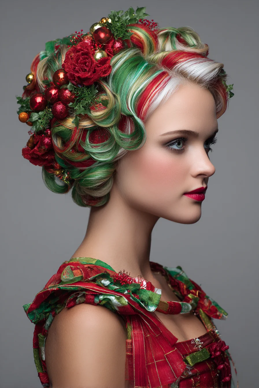 Festive Sculpted Pin-Curl Updo with Red, Green & White Highlights
