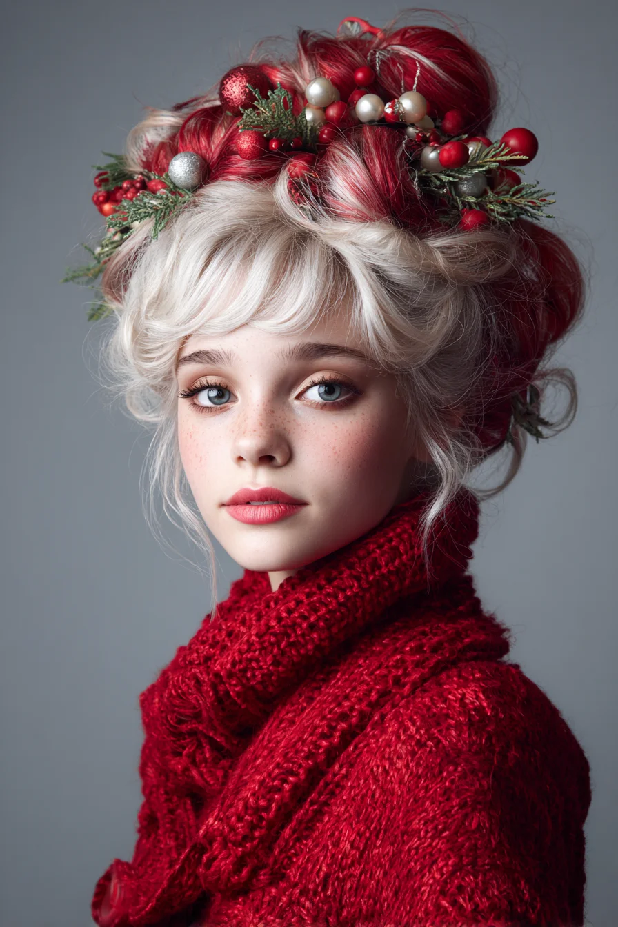 Festive Two‑Tone Textured Updo with Braided Crown and Berry Accents