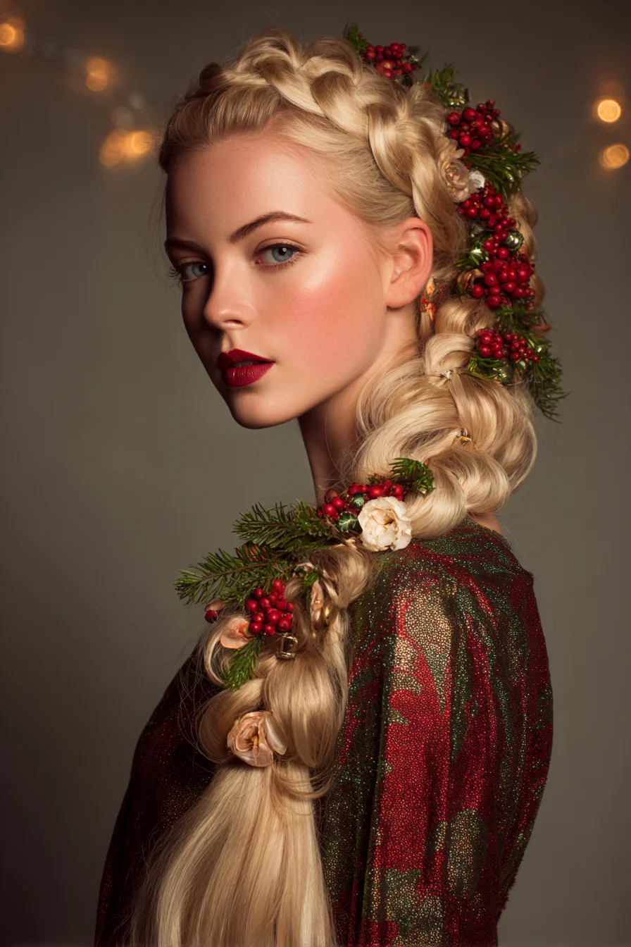 Festive Voluminous Crown-to-Side Braid with Floral and Greenery Accents