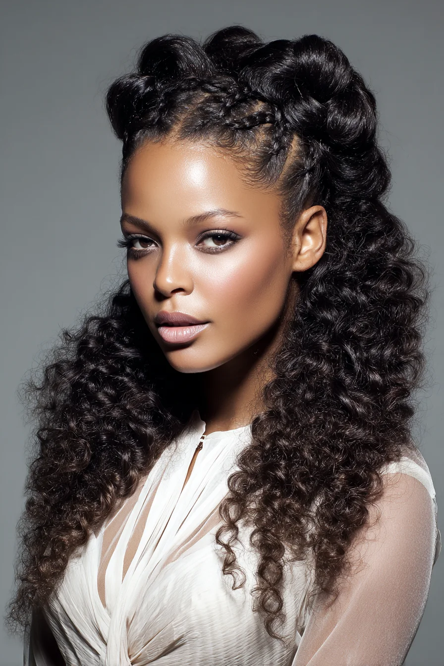 Half-Up Braided Crown with Voluminous Defined Curls