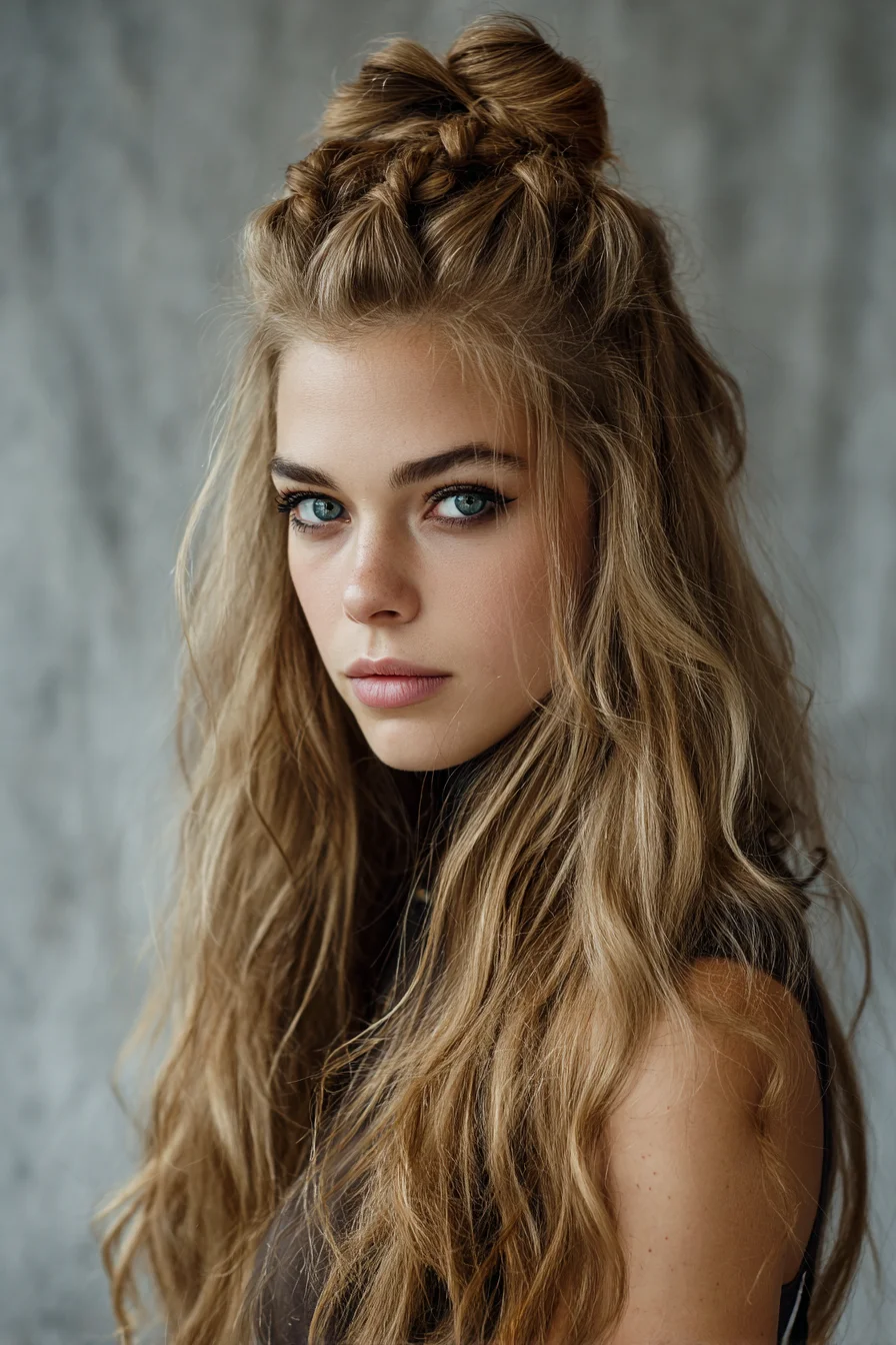 Half-Up Braided Top Knot with Textured Beach Waves