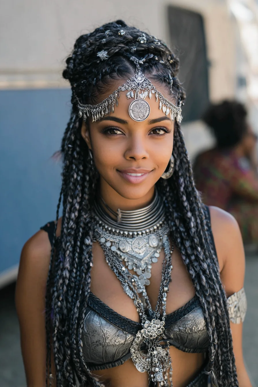 Half-Up Cornrow Crown with Long Box Braids and Micro‑Braid Accents