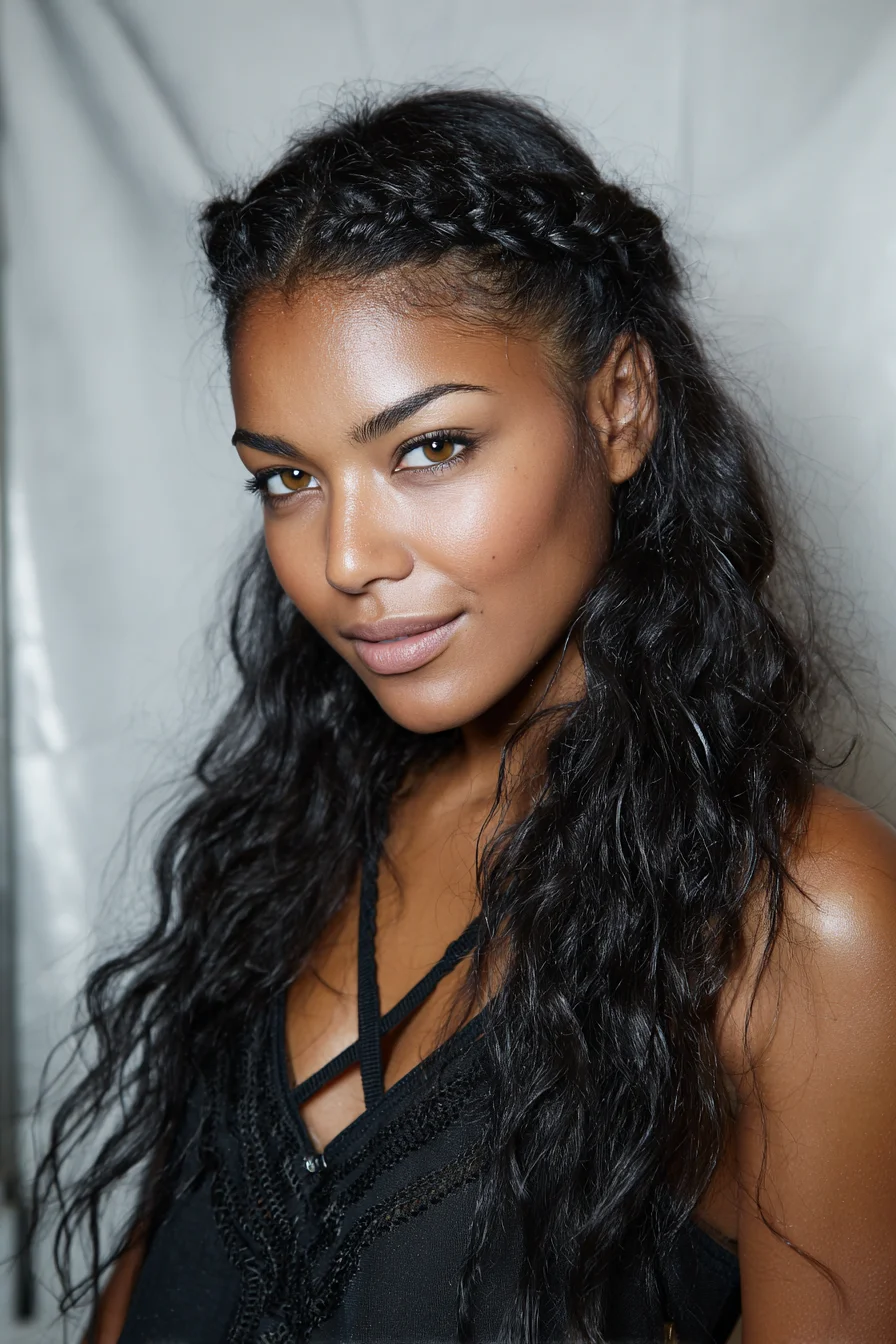 Half-Up Double Dutch Crown Braids with Loose Beachy Waves