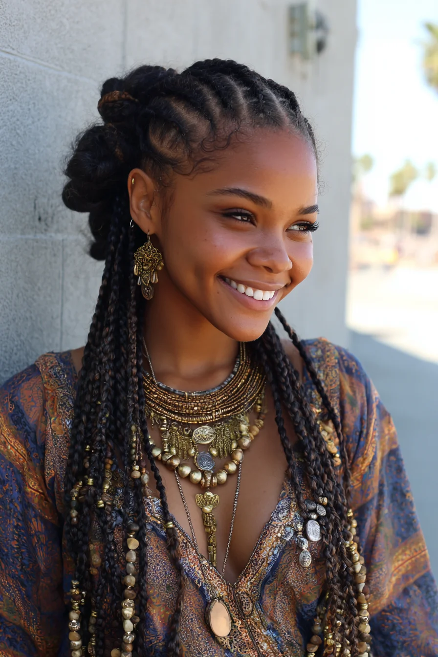 Half-Up Feed-In Cornrows with Long Box Braids and Low Braided Bun