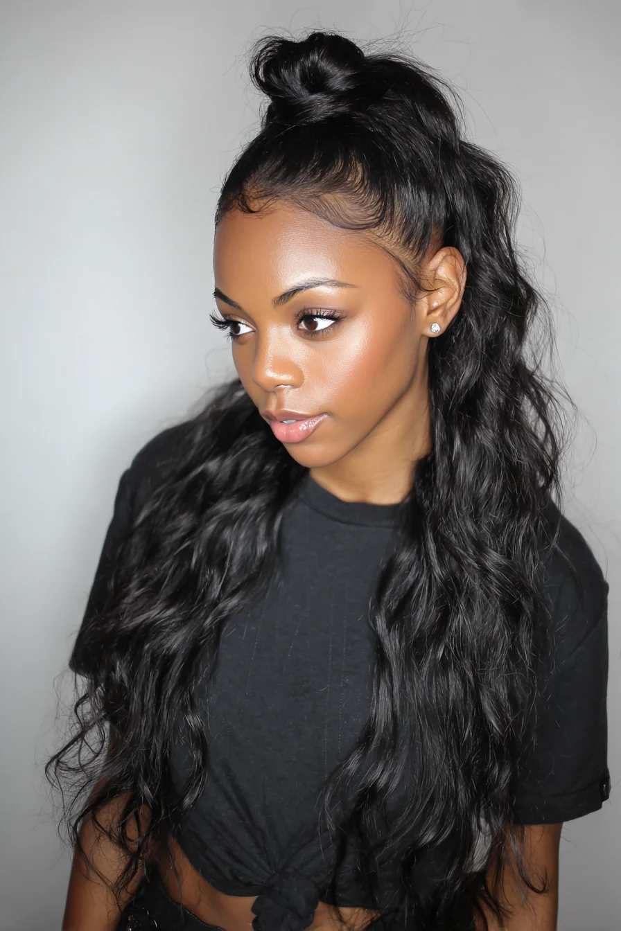 Half-Up High Knot with Long Wavy Layers and Laid Edges