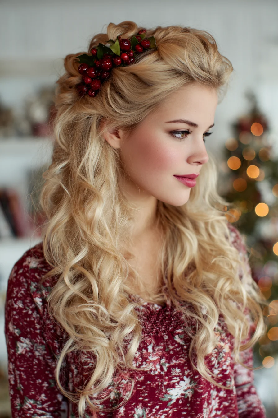 Half-Up Loose Curls with Berry Accent — Romantic Boho Hairstyle