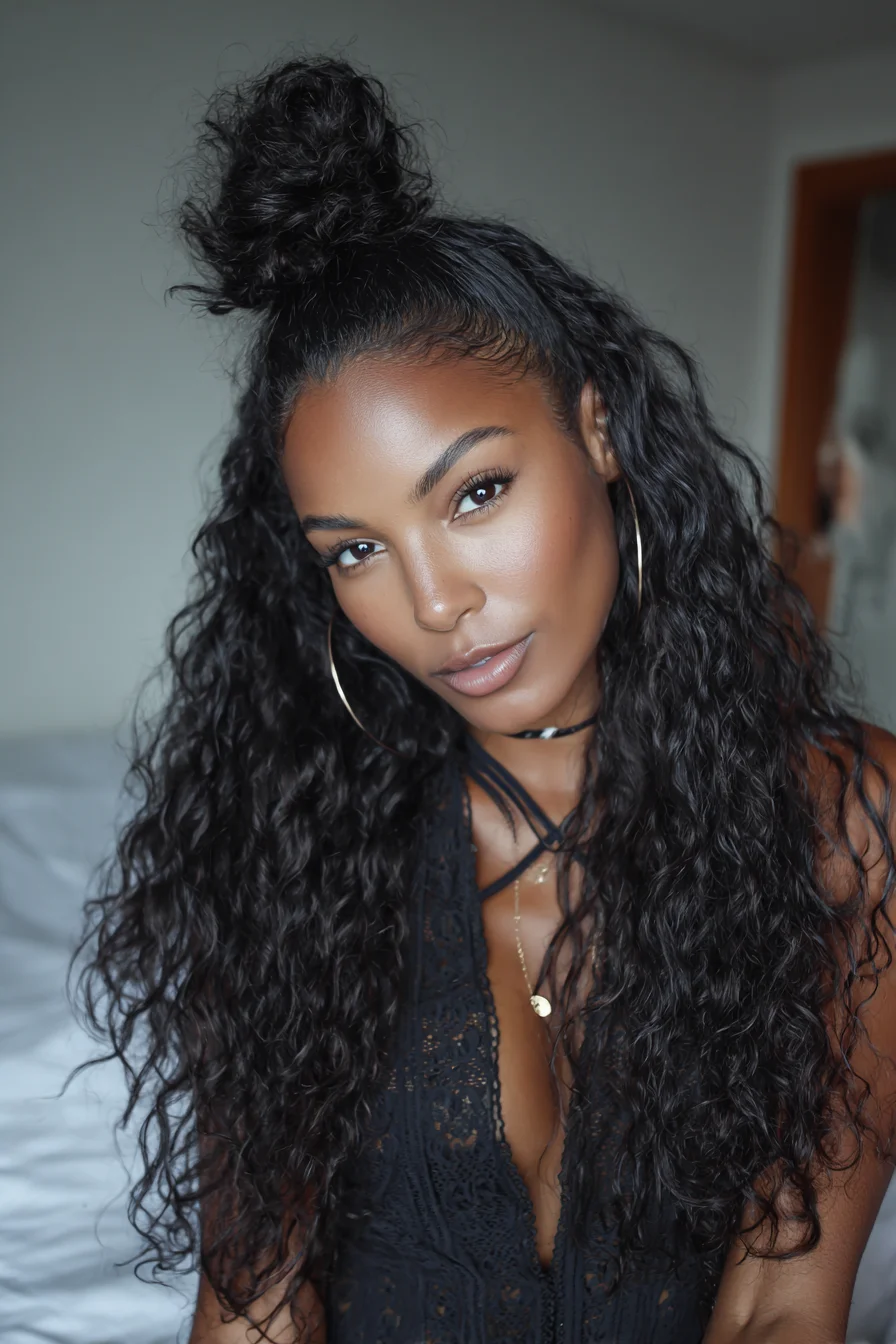 Half-Up Messy Topknot for Long Curly Hair — Defined Curls & Laid Edges