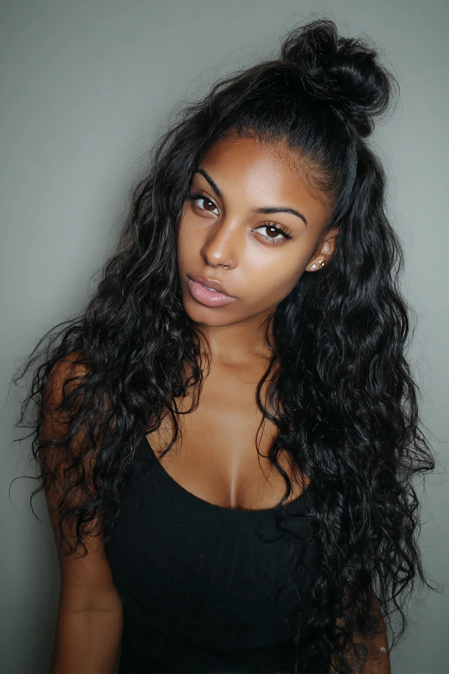 Half-Up Top Knot for Long Natural Waves — Curly Hair Styling