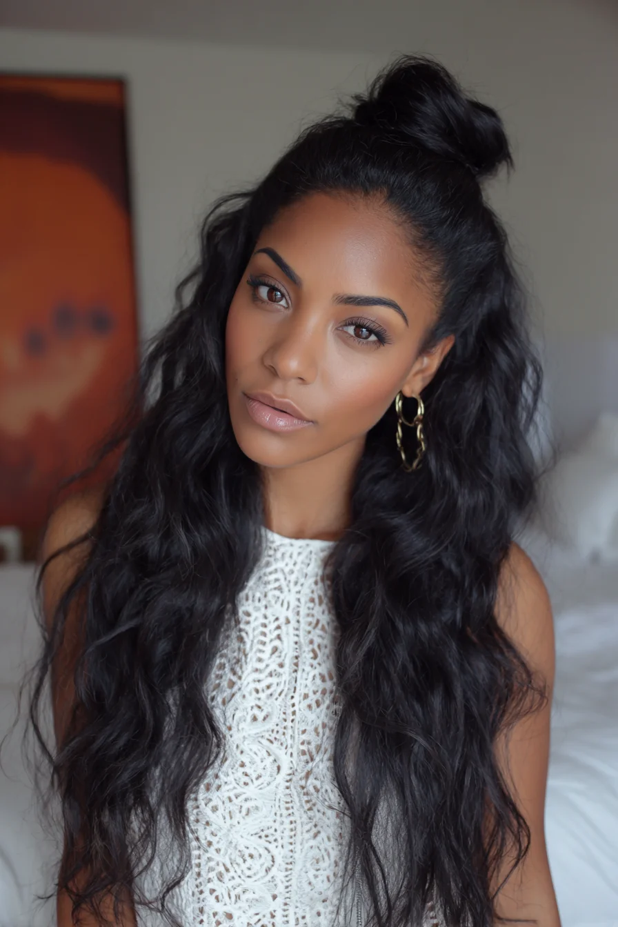 Half-Up Top Knot with Long Natural Beachy Waves