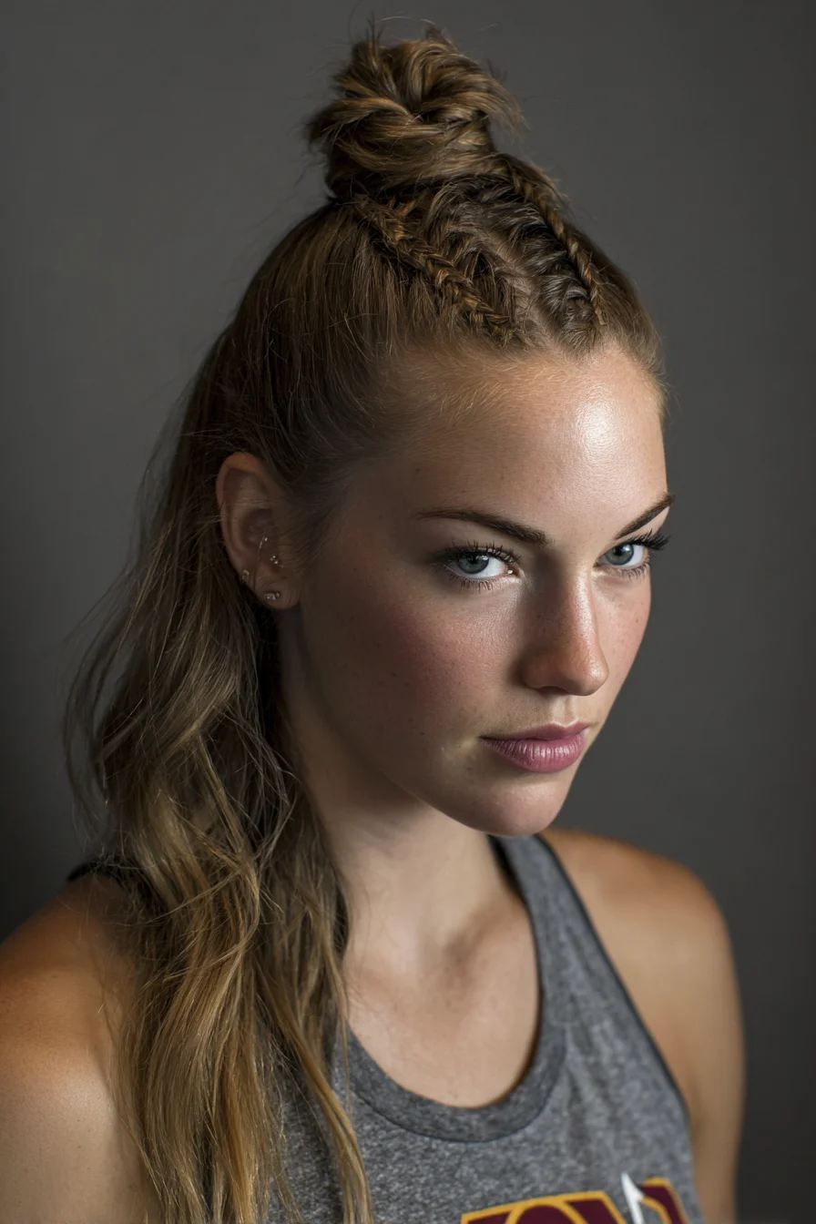 Half-Up Top Knot with Mini Cornrow Braids and Textured Waves