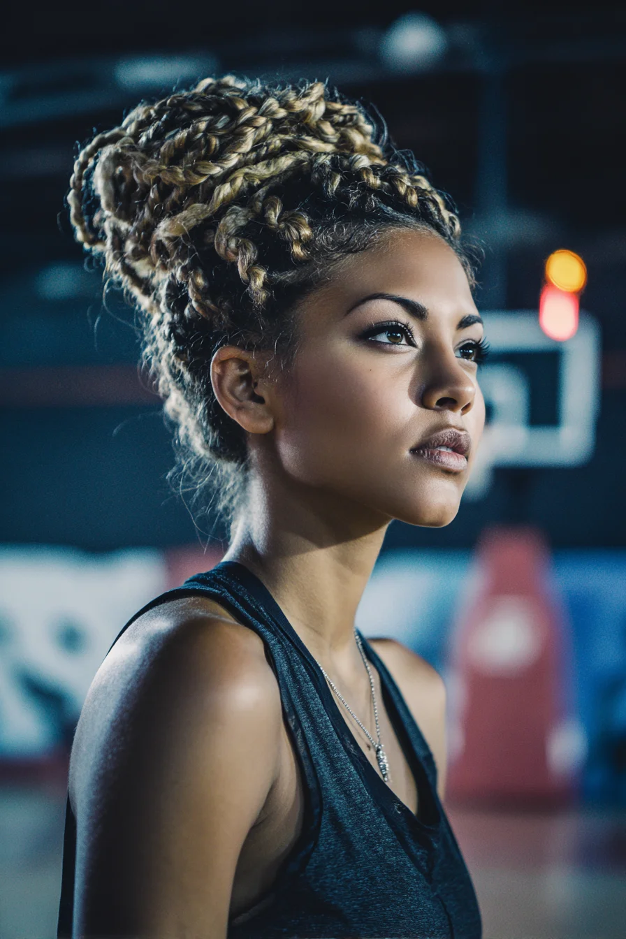 High Chunky Braided Bun with Blonde Highlights — Protective Updo