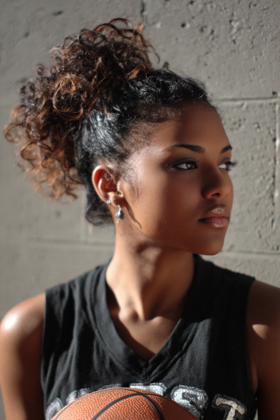 High Curly Messy Bun with Sleek Edges — Voluminous Natural Updo