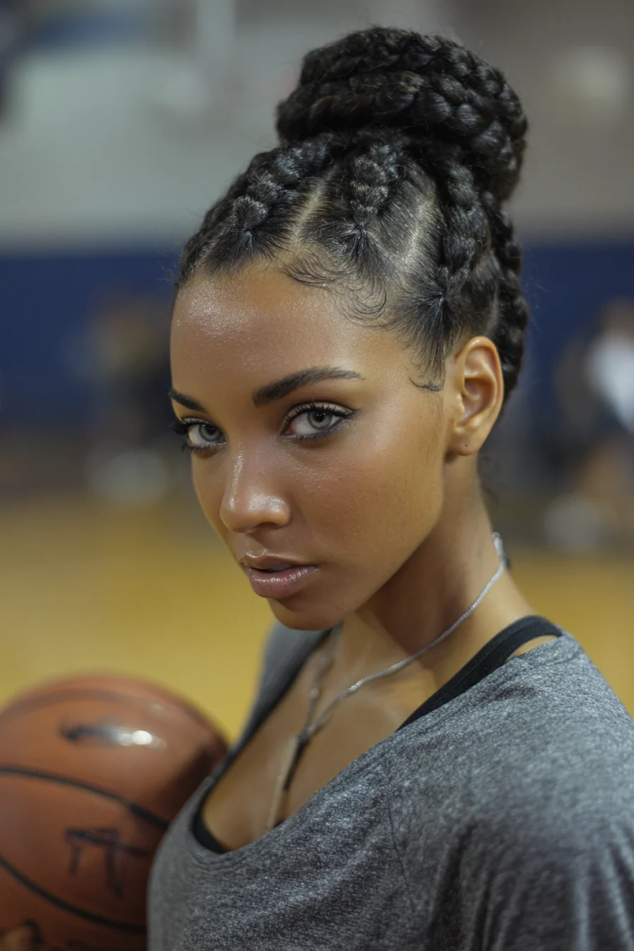 High Dutch Braided Bun with Cornrows and Sleek Edges