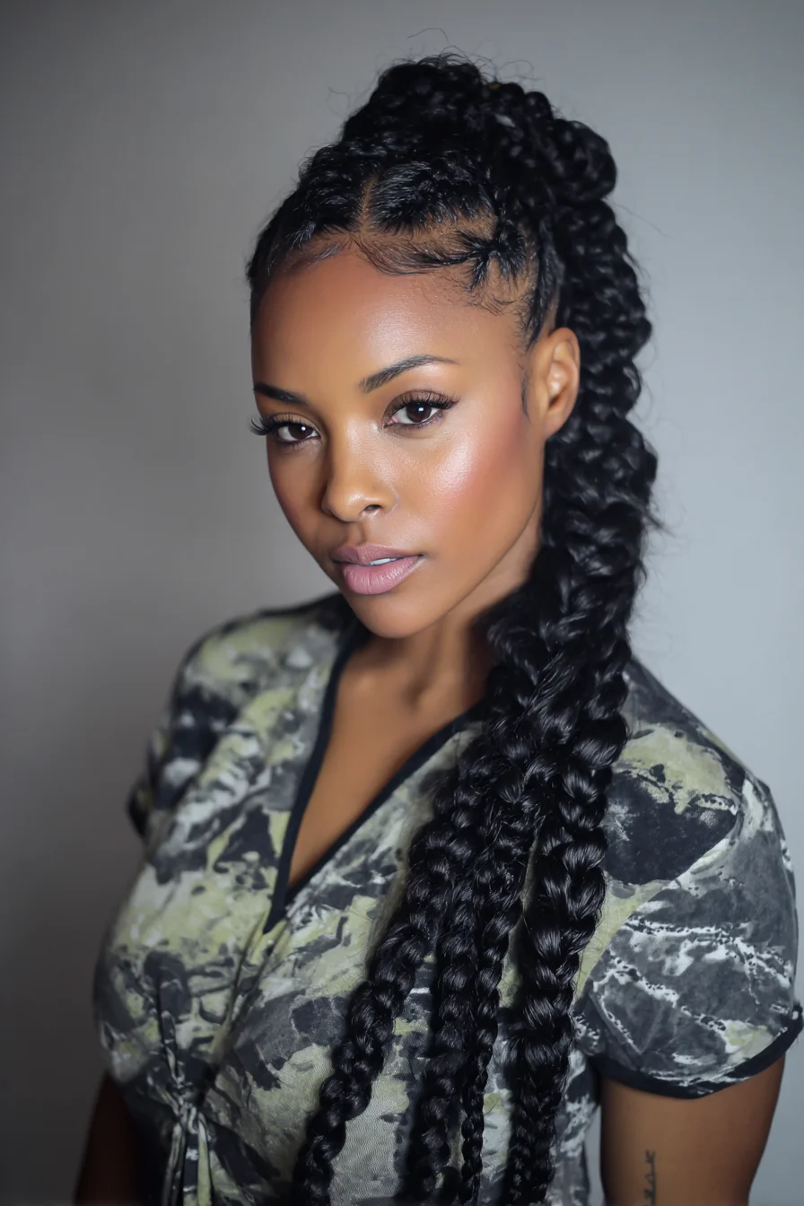 High Feed‑In Cornrow Ponytail with Long Chunky Box Braids