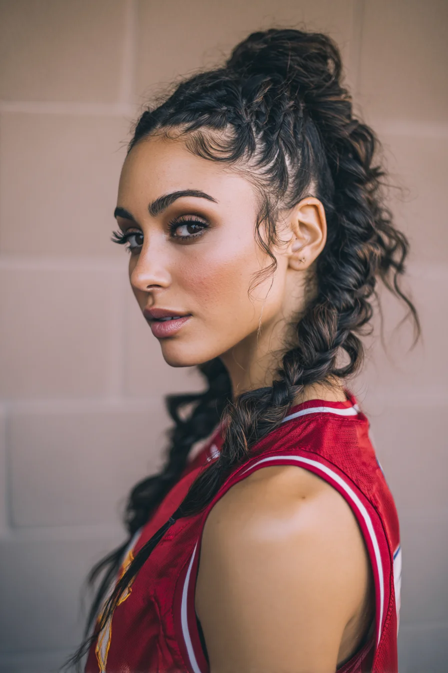 High Pony Double Dutch Braids with Tousled Waves and Laid Baby Hairs